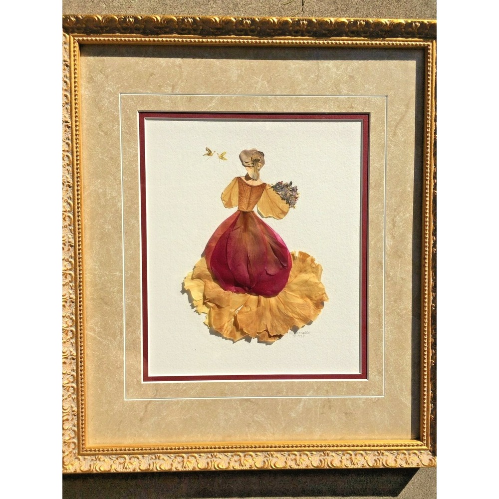 Dried Flowers Girl Birds Picture Wall Art Lady Girl Vtg 13" x 11 1/2" Signed